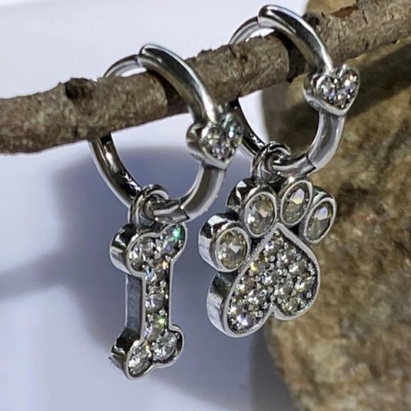 Sterling Silver Paw Print and Bone with Cubic Zirconia Stones Earrings - Picture 1 of 5